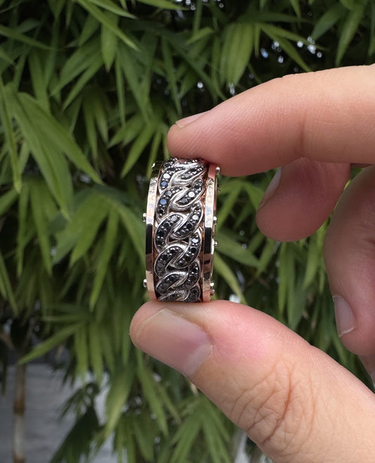 KENSINGTON Two-Tone Gold Cuban Link Ring with 1.45ct Black Diamonds