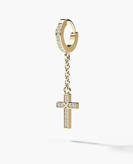 Ready to Ship - DANGLE Cross Hoop Gold Earring with 0.12ct Diamonds