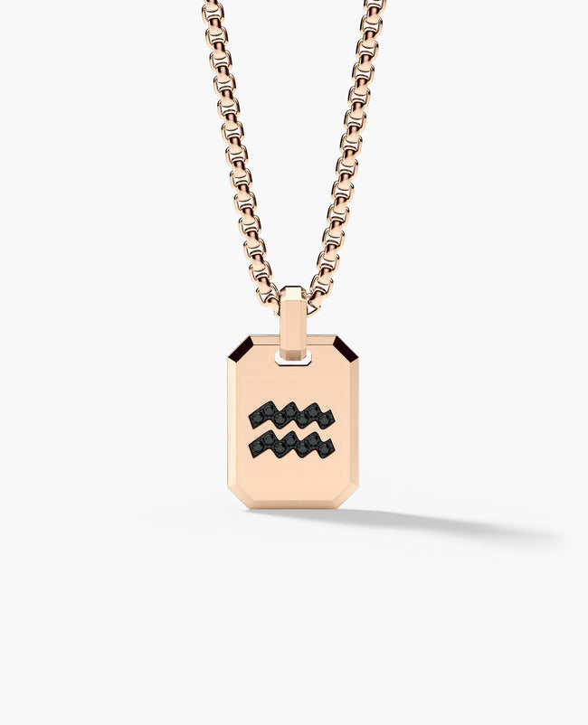 AQUARIUS MINI ZODIAC Dog Tag Gold Pendant with 0.25ct Black Diamonds