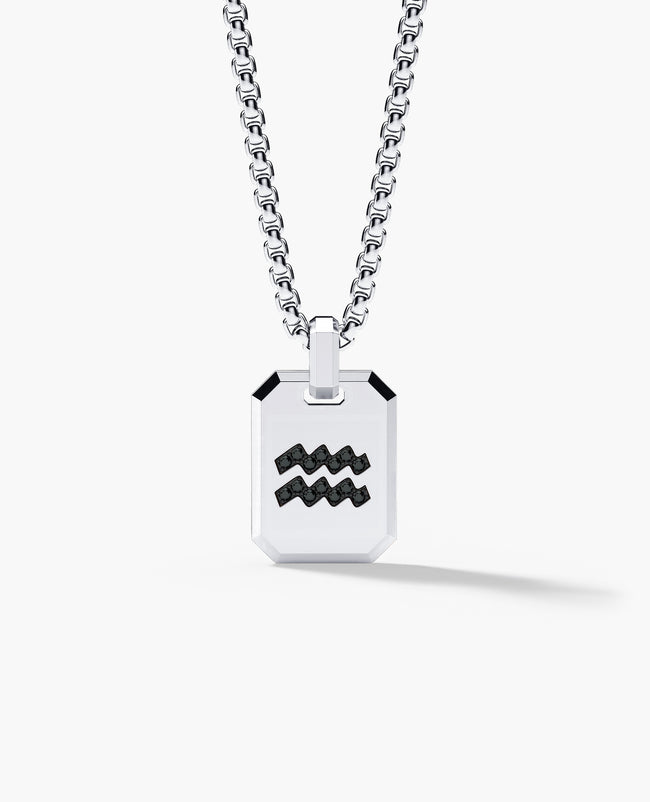 AQUARIUS MINI ZODIAC Dog Tag Gold Pendant with 0.25ct Black Diamonds