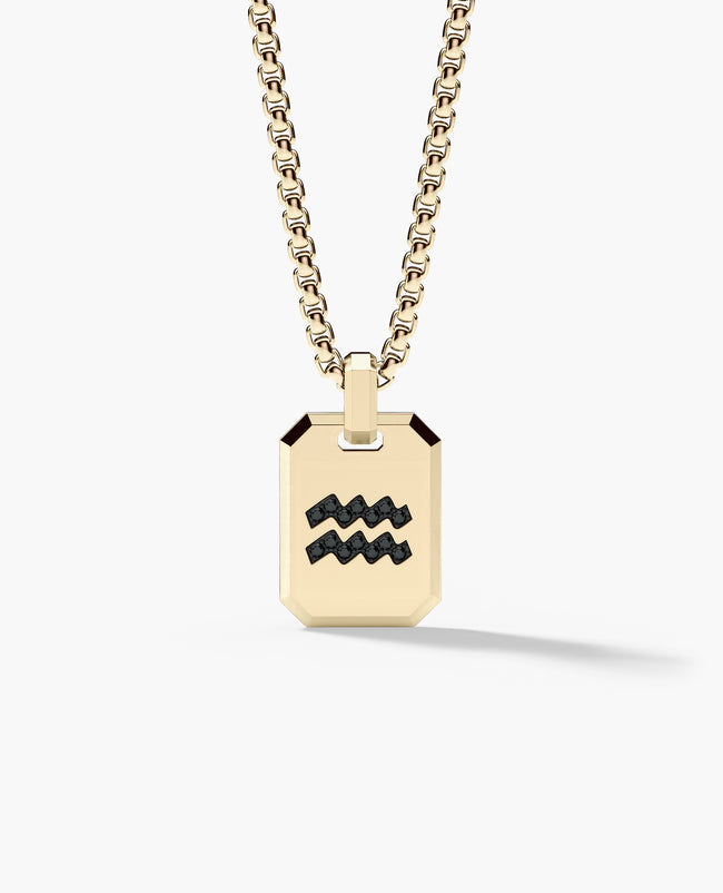 AQUARIUS MINI ZODIAC Dog Tag Gold Pendant with 0.25ct Black Diamonds