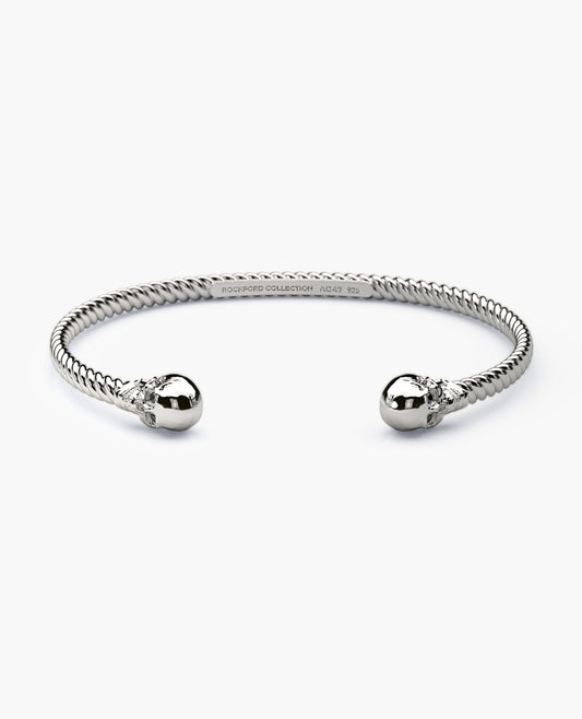 SKULL Silver Cuff Bangle Bracelet with Black Diamonds - 4mm