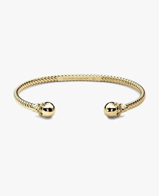 SKULL Gold Cuff Bangle Bracelet with Black Diamonds - 4mm