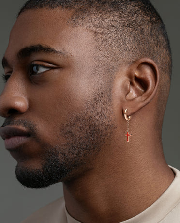 DANGLE CROSS Hoop Gold Earring on the chain with Carnelian