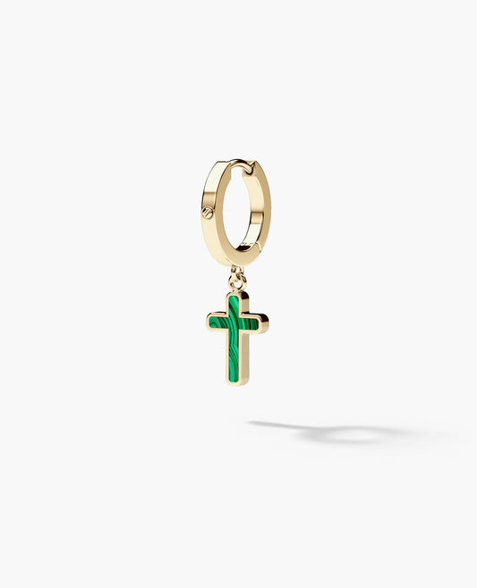 Ready to Ship - DANGLE CROSS Hoop 14k Yellow Gold Earring with Malachite