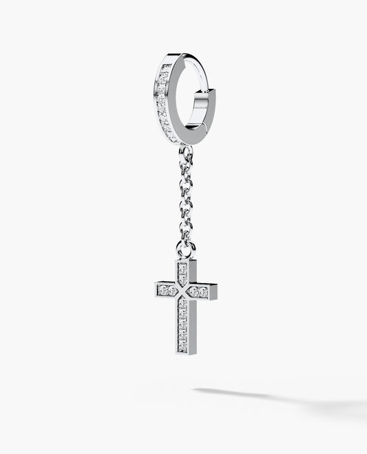 Ready to Ship - DANGLE Cross Hoop Earring in 18k White Gold with 0.12ct Diamonds