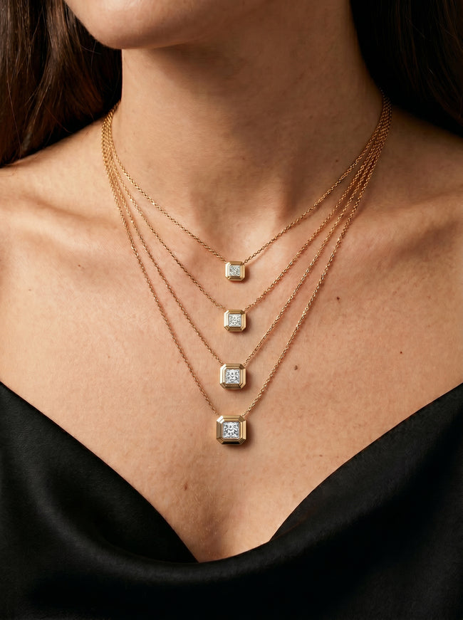 LODE Solitaire Bezel Set Floating Princess Cut Diamond Pendant Necklace