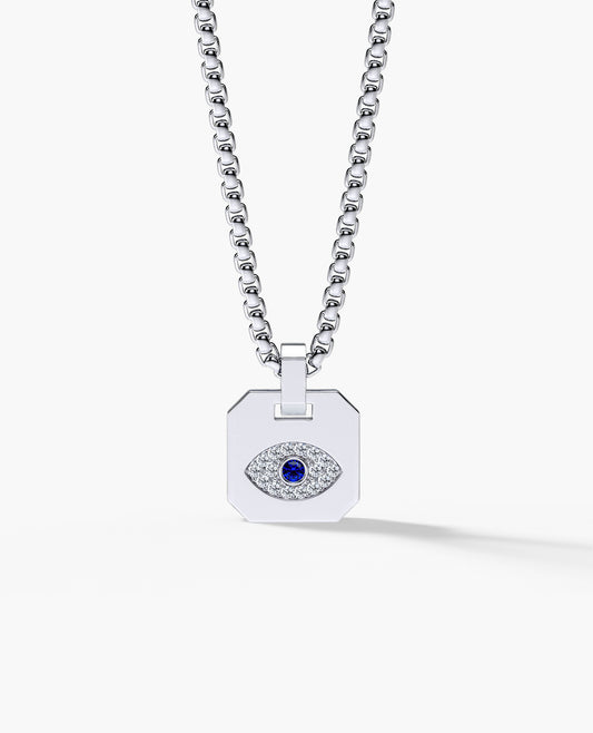 Ready to Ship - EVIL EYE Dog Tag Pendant in Platinum with 0.20ct Sapphire and Diamonds