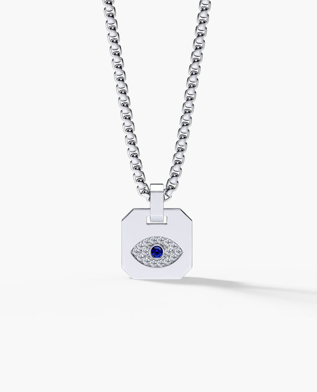 Ready to Ship - EVIL EYE Dog Tag Pendant in Platinum with 0.20ct Sapphire and Diamonds