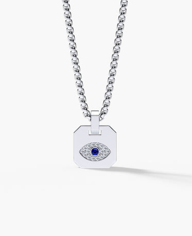 Ready to Ship - EVIL EYE Dog Tag Pendant in Platinum with 0.20ct Sapphire and Diamonds