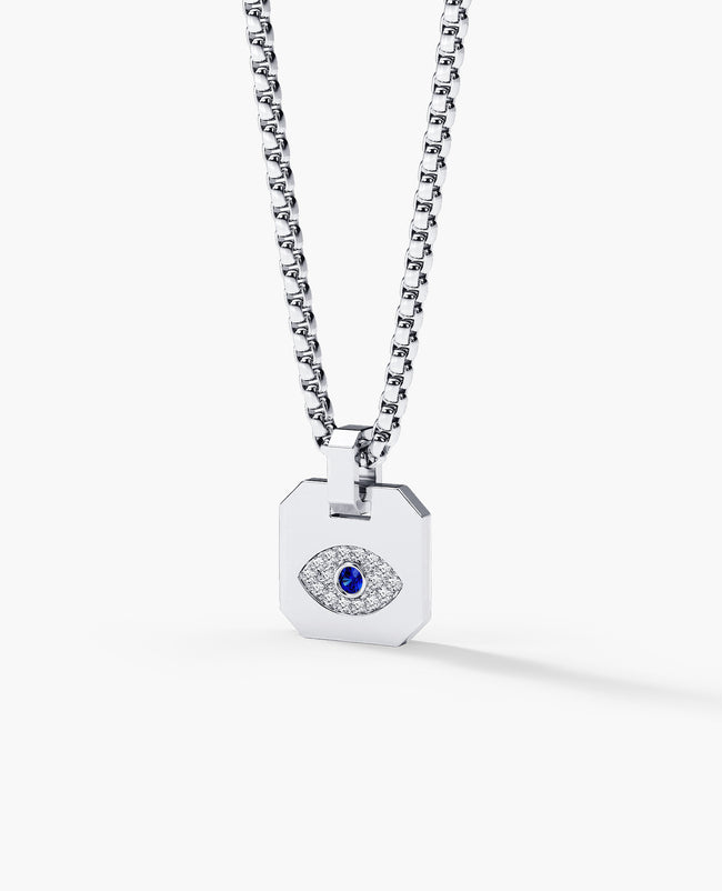 Ready to Ship - EVIL EYE Dog Tag Pendant in Platinum with 0.20ct Sapphire and Diamonds