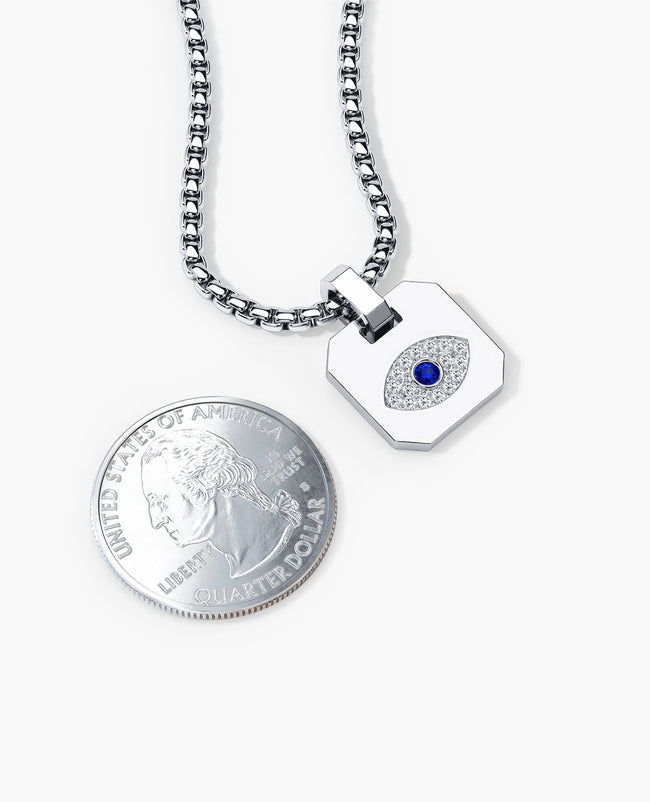 Ready to Ship - EVIL EYE Dog Tag Pendant in Platinum with 0.20ct Sapphire and Diamonds