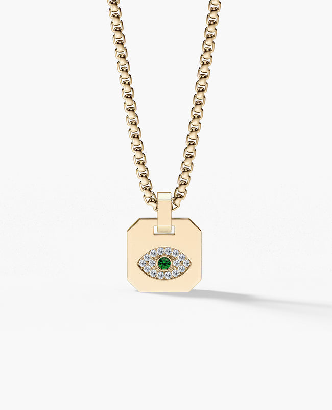 EVIL EYE Dog Tag Gold Pendant with 0.20ct Emerald and Diamonds