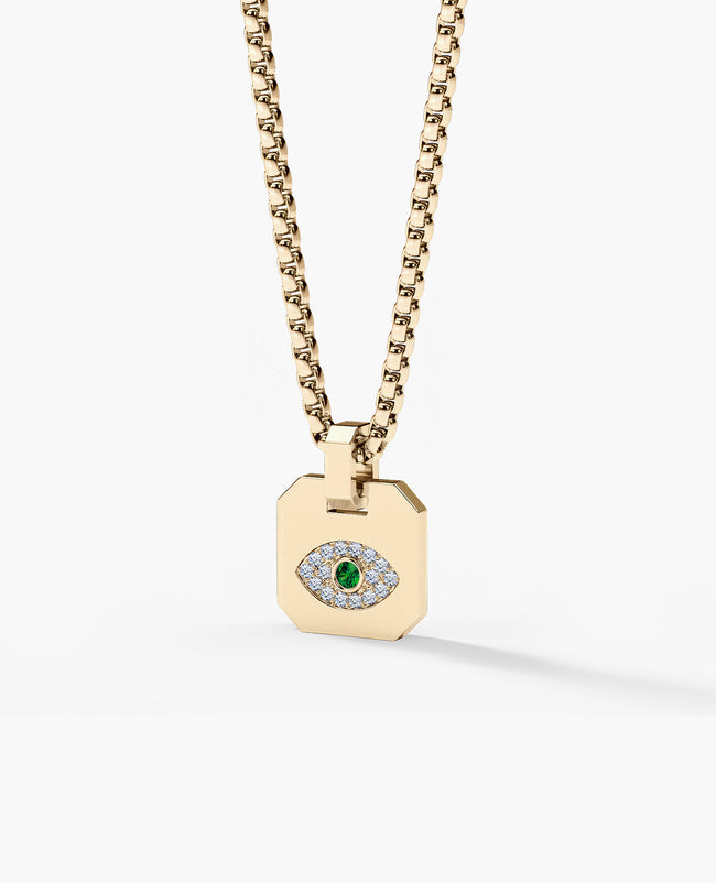 EVIL EYE Dog Tag Gold Pendant with 0.20ct Emerald and Diamonds
