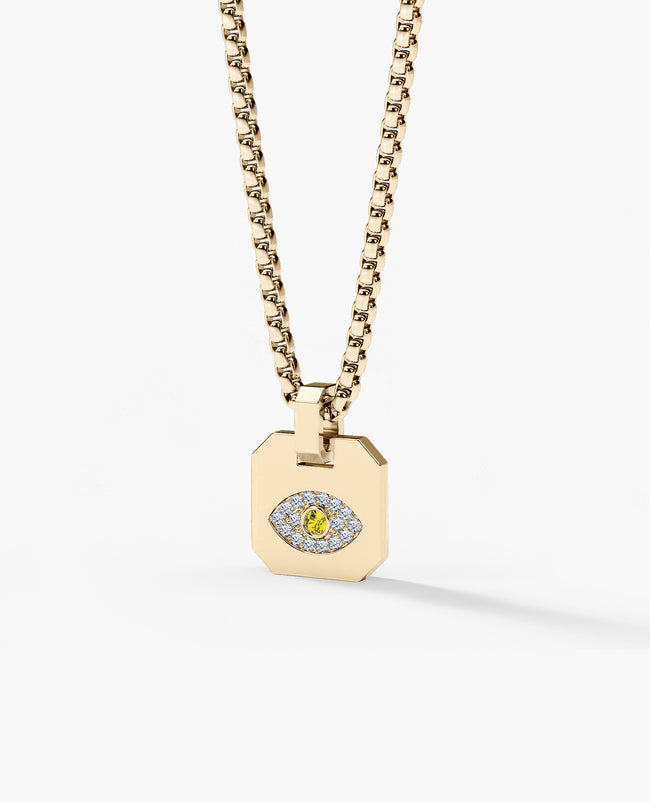 EVIL EYE Dog Tag Gold Pendant with 0.20ct Yellow and White Diamonds