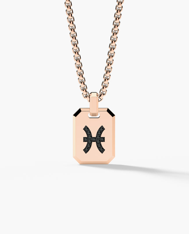 PISCES MINI ZODIAC Dog Tag Gold Pendant with 0.25ct Black Diamonds