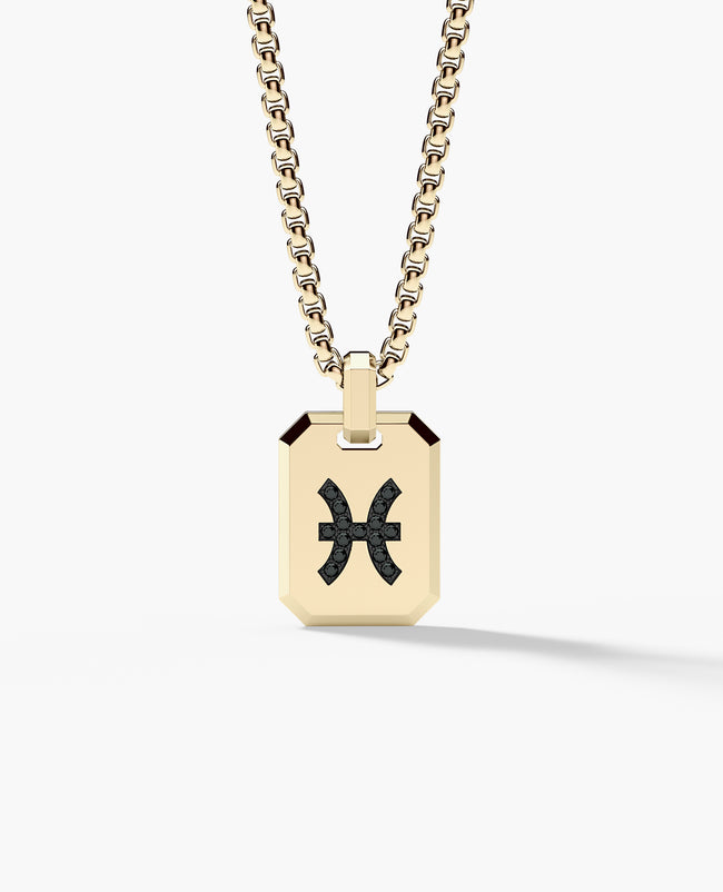 PISCES MINI ZODIAC Dog Tag Gold Pendant with 0.25ct Black Diamonds