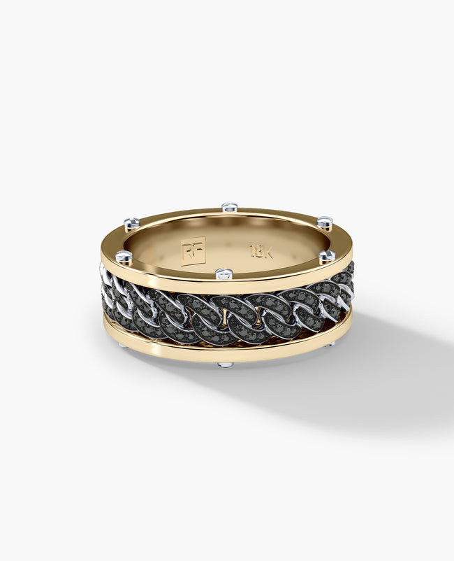 KENSINGTON Two Tone Gold Cuban Link Ring with 0.65ct Black Diamonds