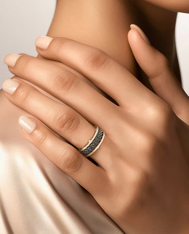 KENSINGTON Two Tone Gold Cuban Link Ring with 0.65ct Black Diamonds