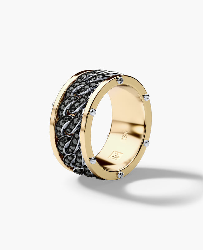 KENSINGTON Two Tone Gold Cuban Link Ring with 0.65ct Black Diamonds