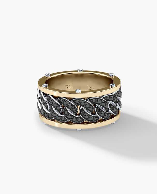 KENSINGTON Two-Tone Gold Cuban Link Ring with 1.45ct Black Diamonds