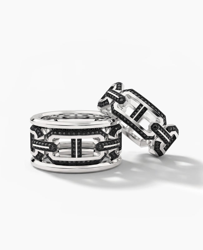 HERCULES Silver Matching Black Diamond Wedding Band Set