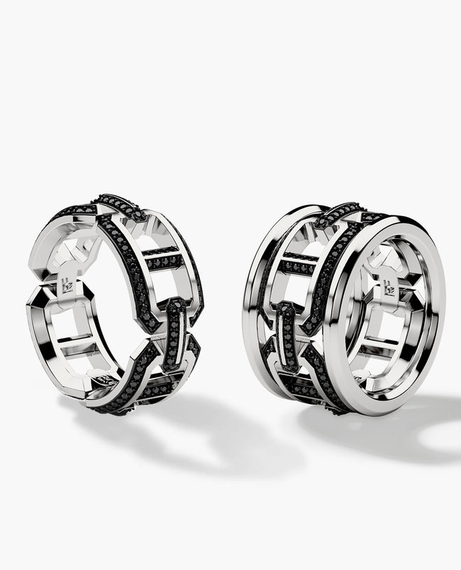 HERCULES Silver Matching Black Diamond Wedding Band Set