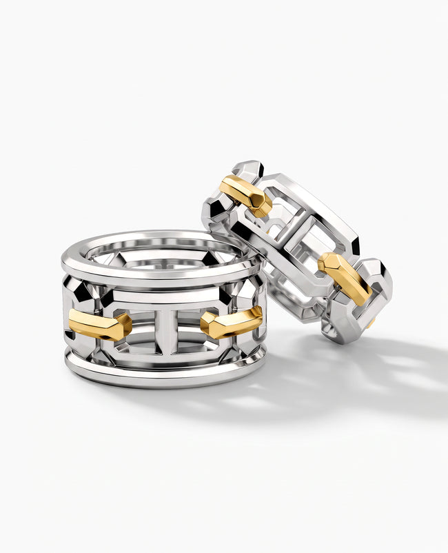 HERCULES Two-Tone Silver and 18k Yellow Gold Matching Wedding Band Set