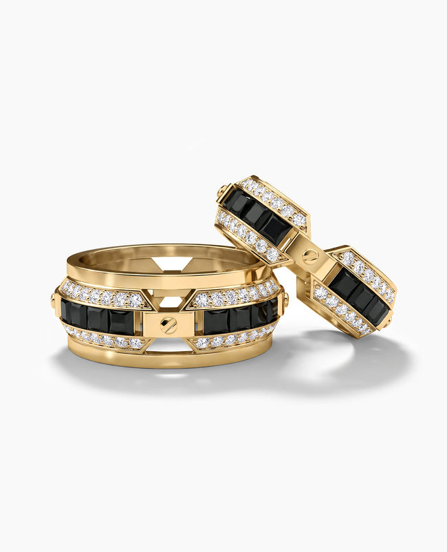 EMINENCE Gold Matching Black & White Diamonds Wedding Band Set