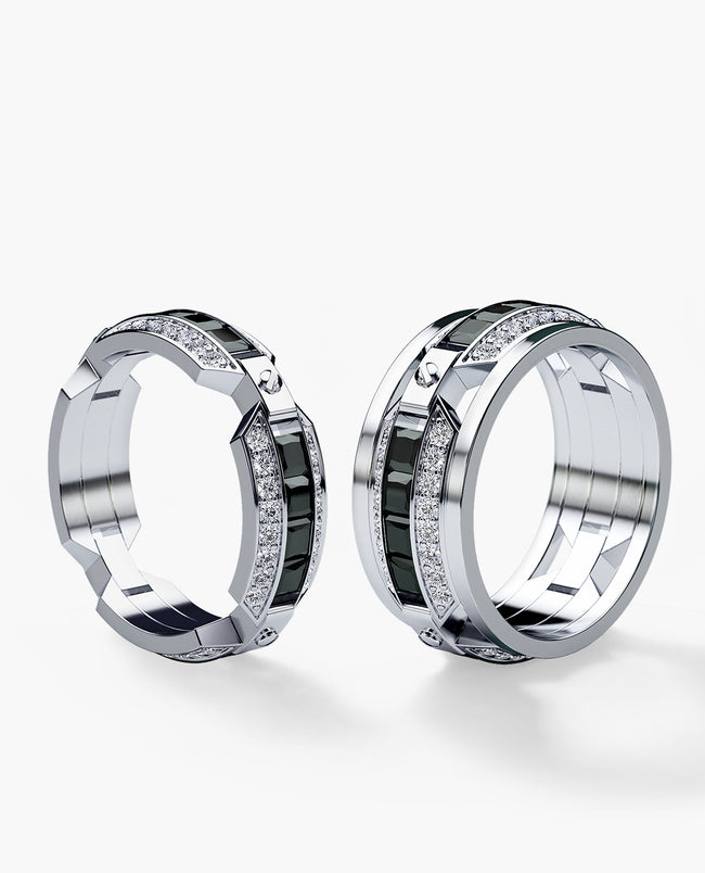 EMINENCE Gold Matching Black & White Diamonds Wedding Band Set