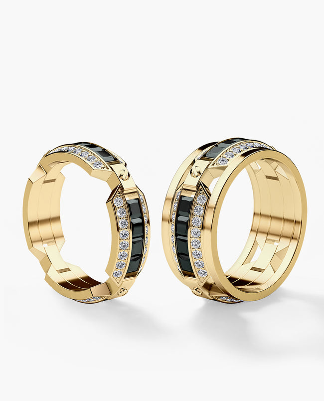 EMINENCE Gold Matching Black & White Diamonds Wedding Band Set