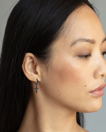 DANGLE Cross EverBlak Black Gold Hoop Huggie Earring