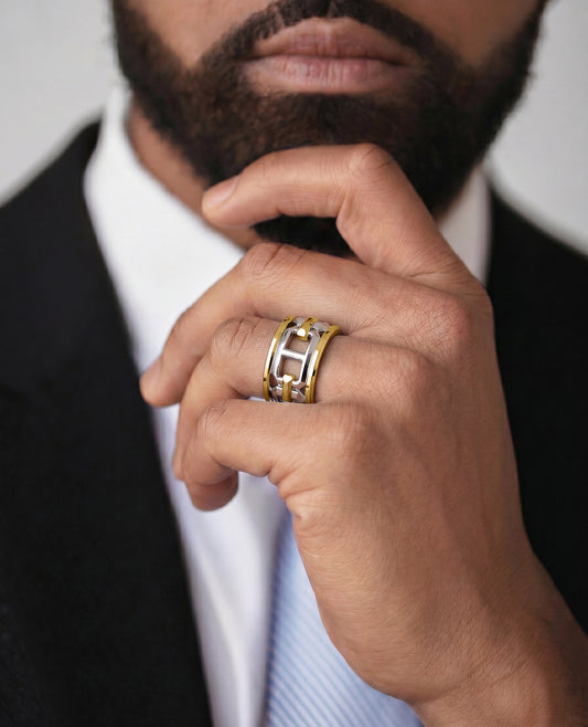 HERCULES Two-Tone Silver and 18k Yellow Gold Ring with Outer Gold Rings - Wide Version