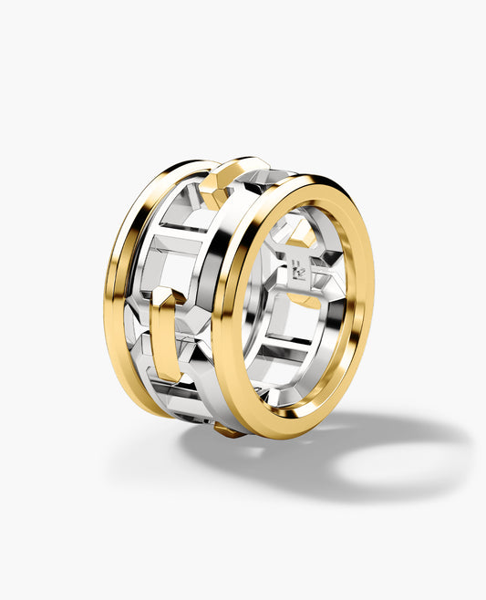 HERCULES Two-Tone Silver and 18k Yellow Gold Ring with Outer Gold Rings - Wide Version