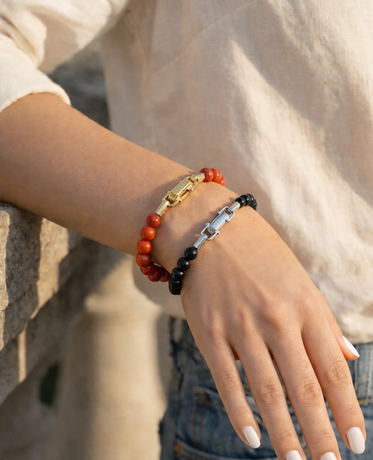 POWER BEADS Bracelet with Gold Lock & Red Coral