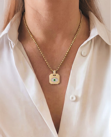 EVIL EYE Dog Tag Gold Pendant with 0.20ct Emerald and Diamonds