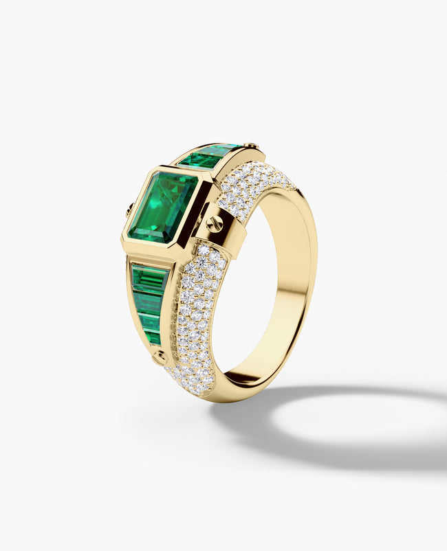 CARLIN Gold Signet Ring with 3.10ct Emeralds and Diamonds