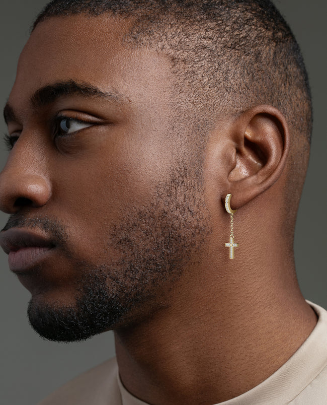 Gold Dangle Cross Diamond Hoop Earring — Rockford Collection