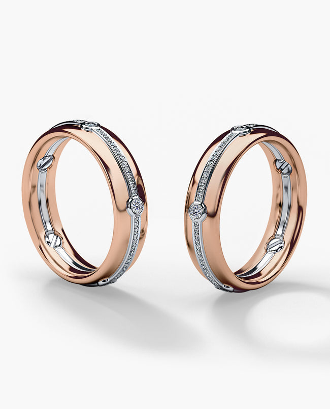Reed Two-Tone Gold Matching Diamond Wedding Band Set — Rockford Collection 14K Rose & White Gold